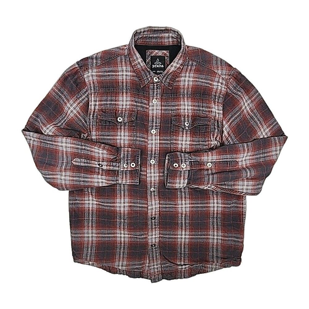 prAna Shirt Gray Red Plaid Flannel Thermal Line Snap Men Sz Large Organic Cotton